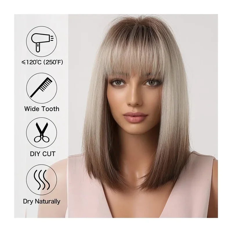 Perruque Synthétique Courte et Lisse avec Frange pour Femme, Cheveux Naturels à Reflets Bruns, Blonds Ombré, Bob, Cosplay, 03/Party