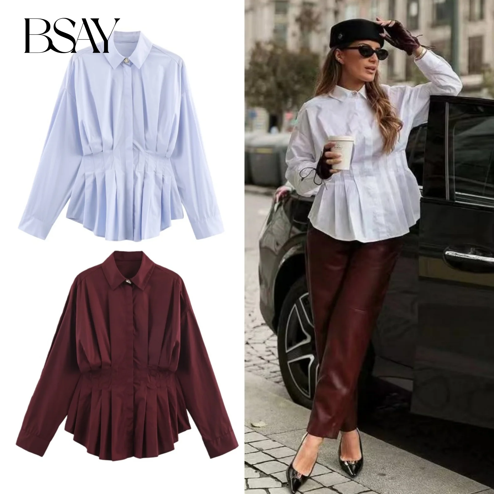 BSAY weiß Plissee taille Popeline Hemd Frauen Mode Herbst Winter Neue Revers button up Lange Ärmel Blusen Chic Damen Top mujer