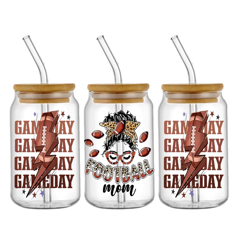 Sport Football Game Day Mom 16OZ UV DTF Cup Wrap Transfers Stickers For DIY Libby Glass Waterproof Decals