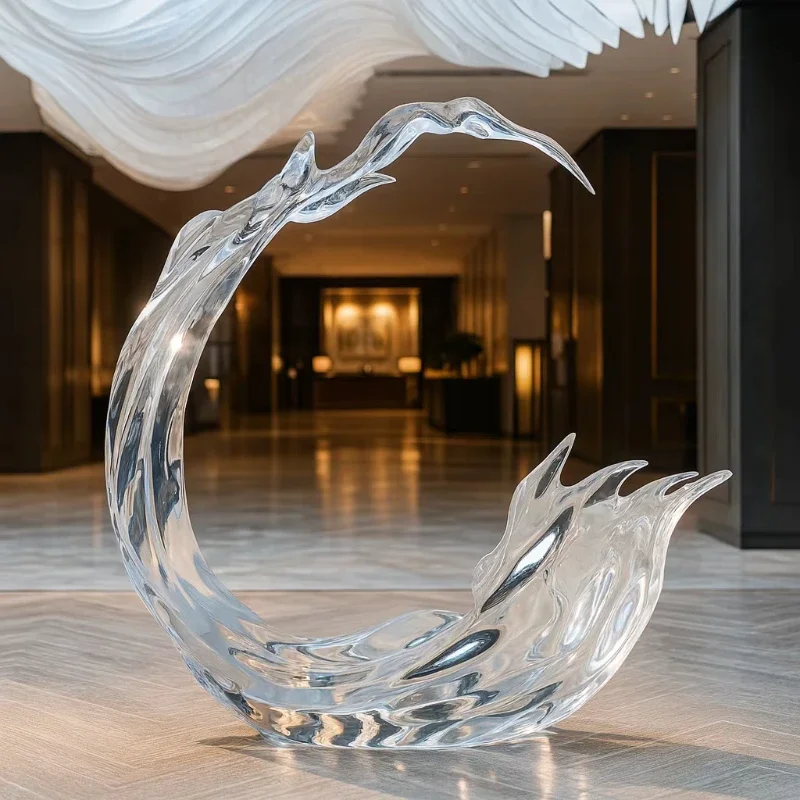 

Transparent resin wavy sculpture, handmade luxury crystal interior decoration in hotel lobby