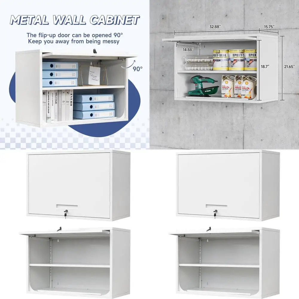

White Lockable Wall Cabinet with Flip-Up Door and Shelf for Garage, Warehouse, Home, and Office Use