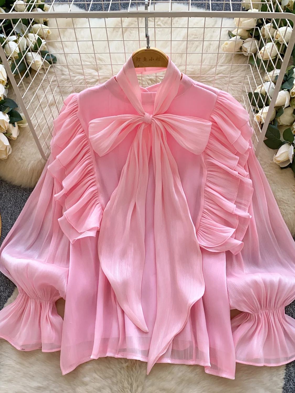 Elegant  Knot Neck Shirt Women's Loose Meat Conceal Slimming Mesh Design Ladylike Personality Top Spring Commute Style