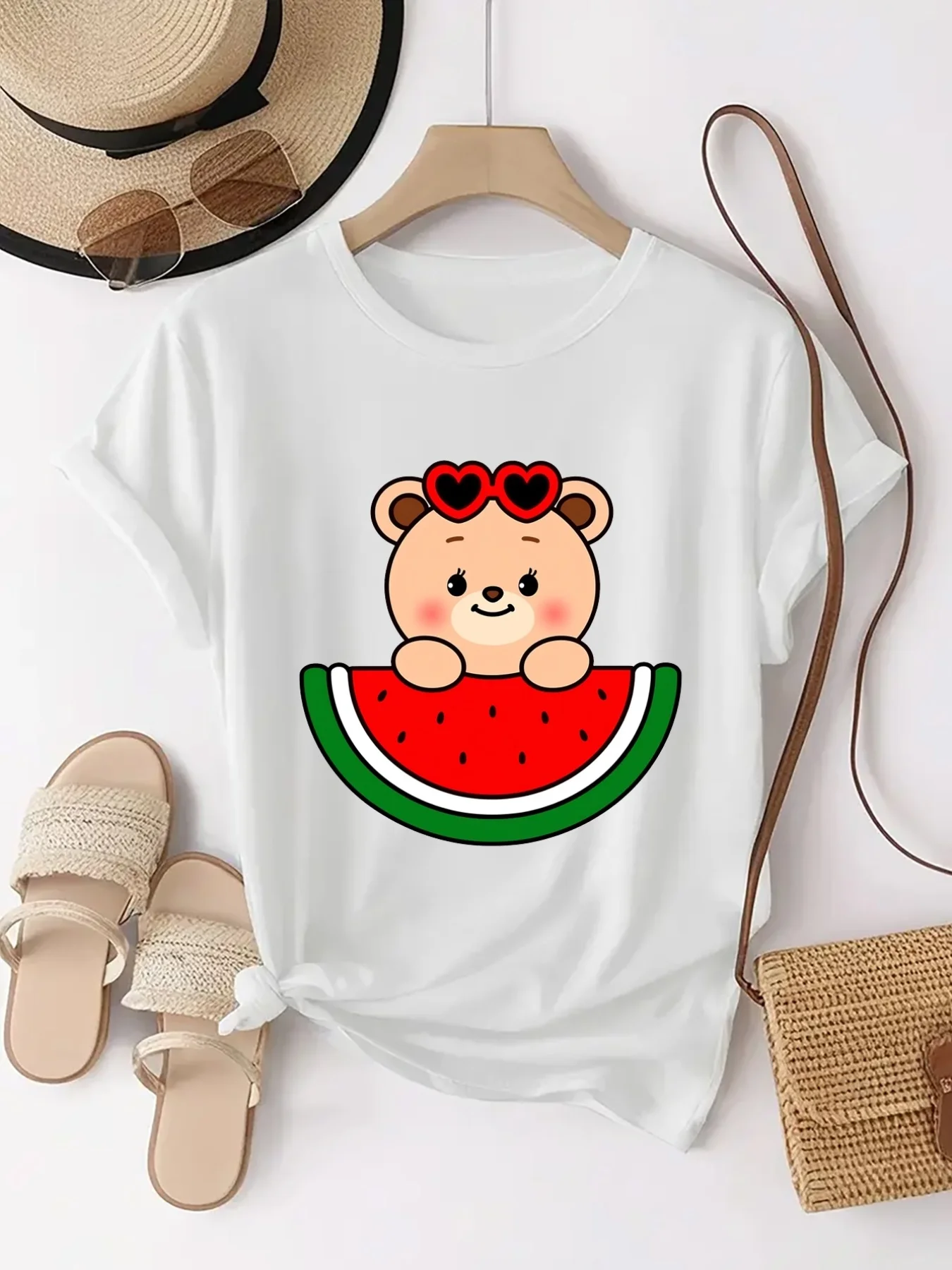 Women Summer Cute Bear with Red Heart Glasses Watermelon Print Casual Daily Crew Neck Comfortable Short Sleeve Tops for Ladies
