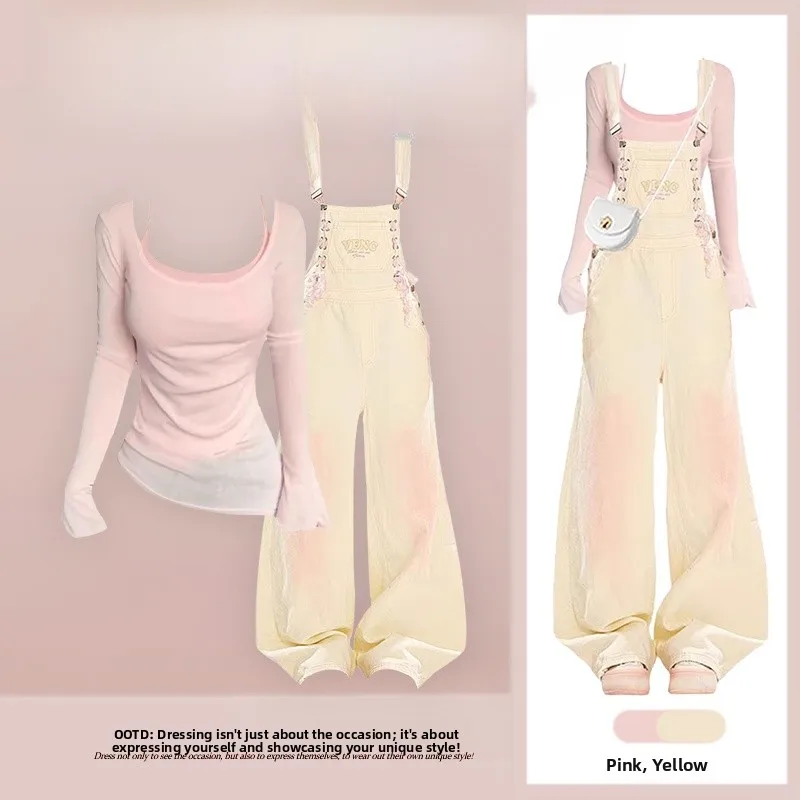 

Ранний осенний антивозрастной комплект, женские корейские джинсовые комбинезоны Sle Dopne Sweet, топ с джинсами, комплект из двух предметов, повседневная мода