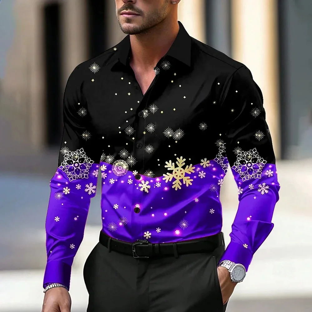 2025 Christmas Men's Snowflake Formal Shirt Button Lapel Long Sleeve Fashion Casual Party Evening Wear Party Autumn 3D Printing