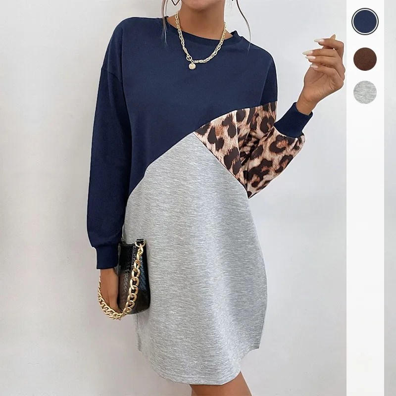 

Women's Fashion Long Sleeve Leopard Print Dress New Autumn Ladies Clothing Woman Casual Loose Pullover Dresses