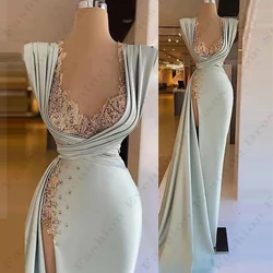 Gorgeous Satin Beautiful Evening Dresses Exquisite Elegant Off Shoulder Sleeveless Sexy High Split Customized Mopping Prom Gowns