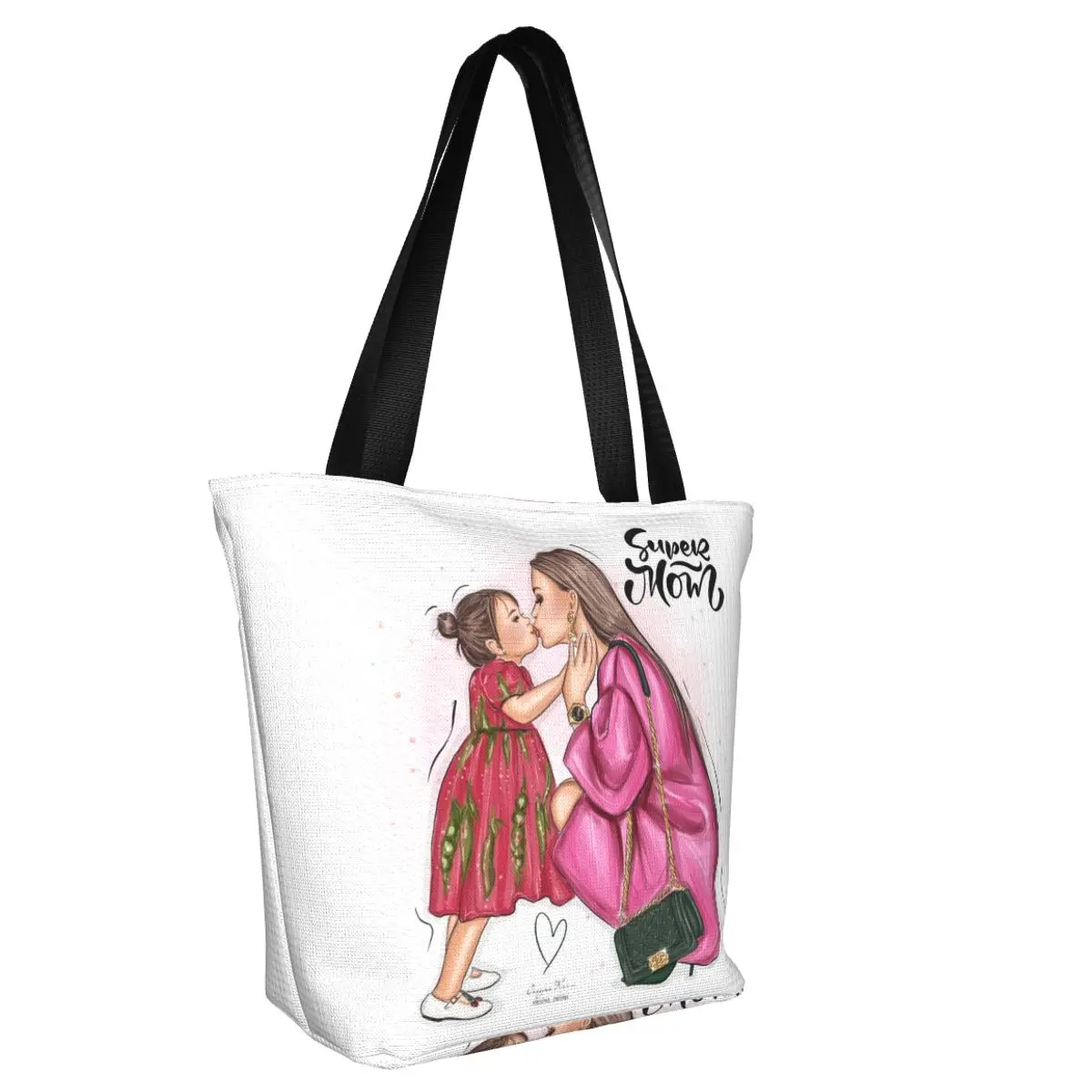 Kawaii Vogue Super Mom And Baby Shopping Tote Bag Reusable Cartoon Family Mother Love Groceries Canvas Shoulder Shopper Bag