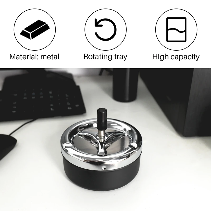 Round Push Down Cigarette Ashtray With Spinning Tray, Black