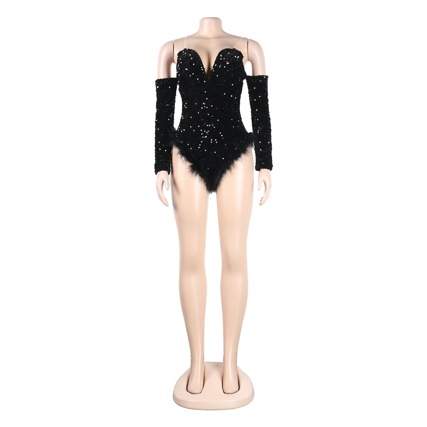 Sexy Bodysuit for Women Plunge Deep V Neck Sequined Off Shoulder Long Sleeve Hem Faeathers Jumpsuit 2023 Party Evening Clubwear
