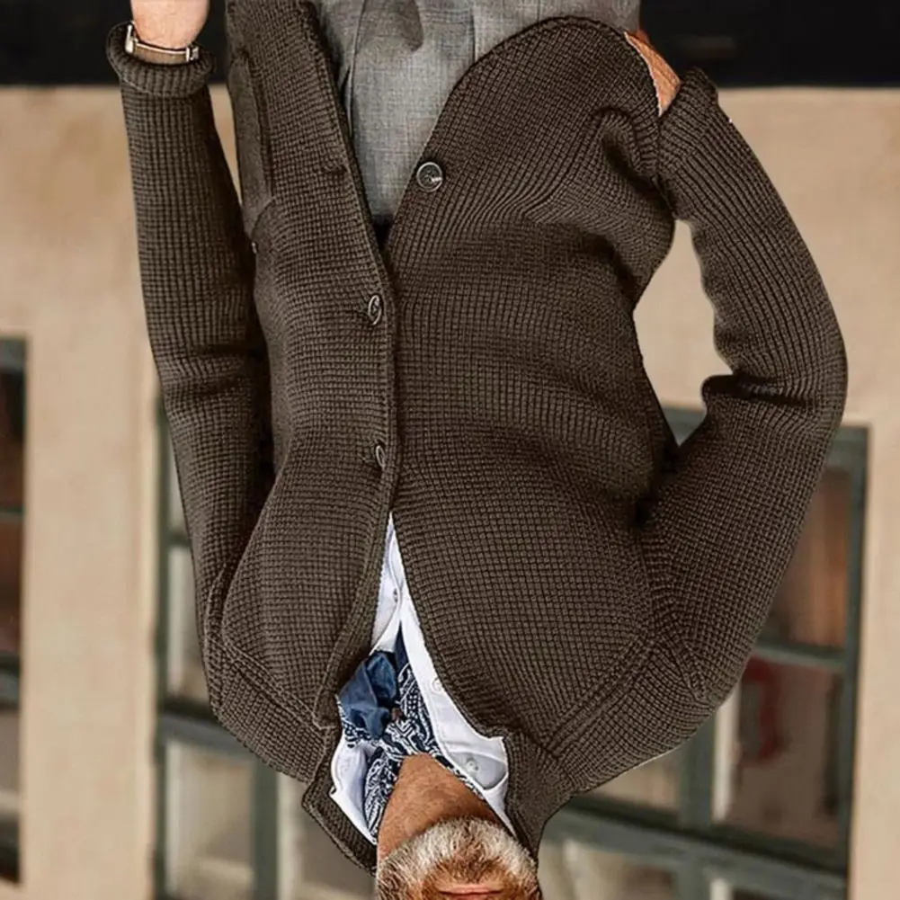 Stand Collar Long Sleeve Pockets Thickened Sweater Coat Men Autumn Winter Solid Color Buttons Placket Knitted Outerwear