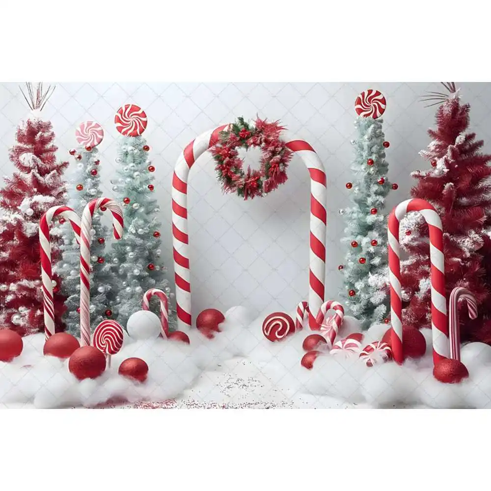 Fond de photographie de canne de bonbon de Noël, décor d'arbre de Noël rouge, toile de fond IkSnowy Wonderland, studio photo d'anniversaire d'enfant, hiver