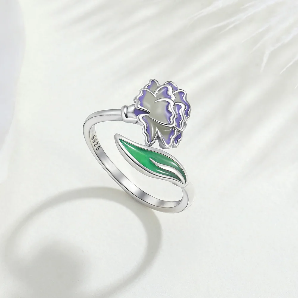925 Sterling Silver Purple Transparent Epoxy Carnation Ring Adjustable Hypoallergenic Floral Romantic Jewelry Gift For Women
