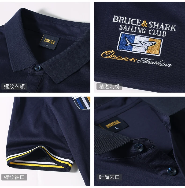 Nuovi uomini casuali polo neri corti Bruce & Shark business puro mercerizzato 100% cotone magliette da uomo moda ricamo taglia grande 4xl