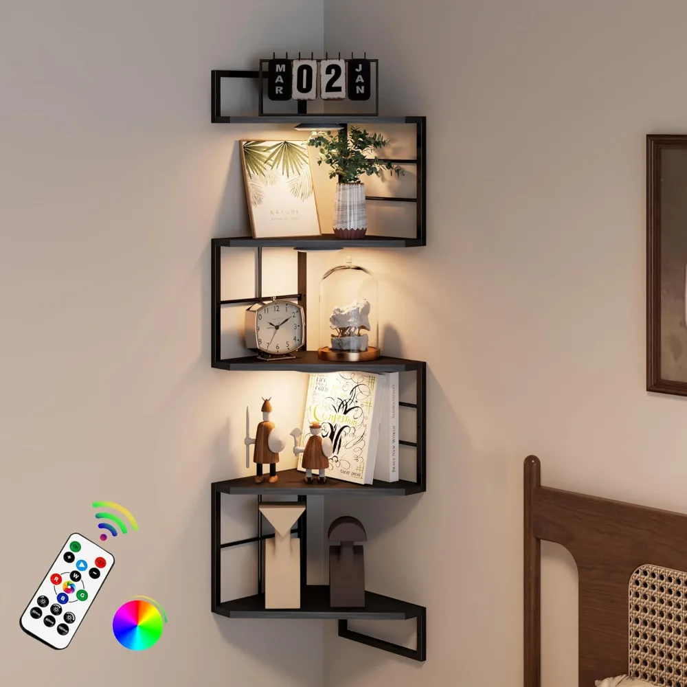 

Плавающие угловые полки с подсветкой - 5-ярусная металлическая угловая полка, настенная для спальни, гостиной, офиса, кухни