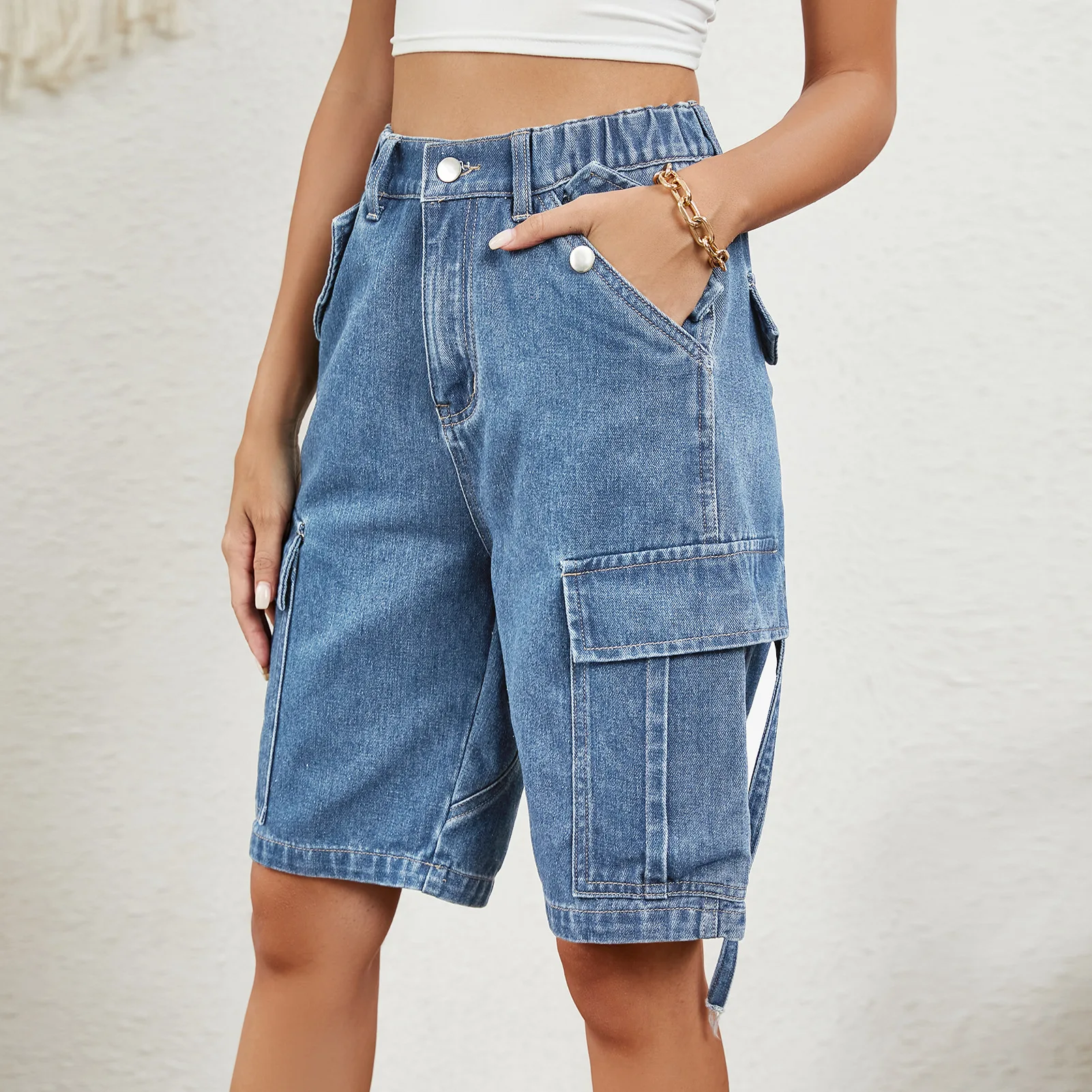 

Womens High Waist Street Style Denim Jeans Five Inch Shorts Washed Casual Workwear Blue Cotton Non Stretch Large Size