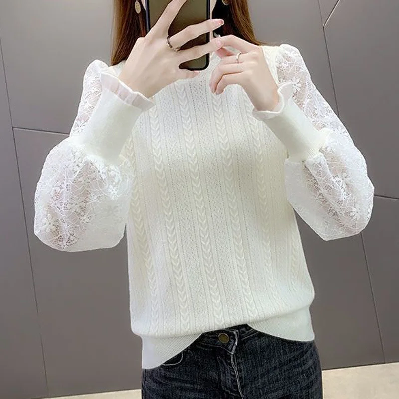 Women Lace Patchwork Chic Long Sleeve Soft Comfortable Knitted Sweater Spring Fall Fashion Solid Slim Pullover Basic Ladies Tops