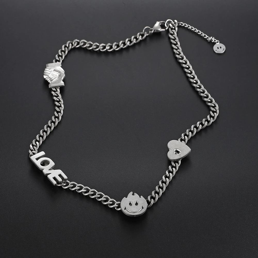 Stainless Steel Love Heart Handshake Smile Flame Chain Fashion Trend Delicate Men Necklace Jewelry Gift For Ladies