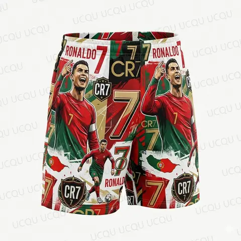 Men 2026 Summer AI C Ronaldo Oversized Beach Shorts Soccer Fan Casual Sports Five-point Swim Trunks