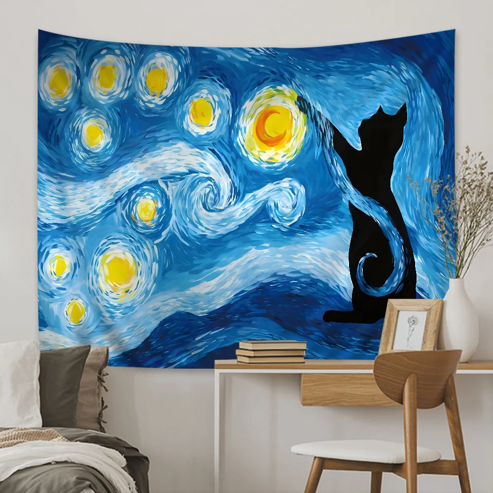 Van gogh czarny kot gobelin druk artystyczny tanie hipisowskie wiszące artystyczne gobeliny ścienne Mandala Art Home Decor
