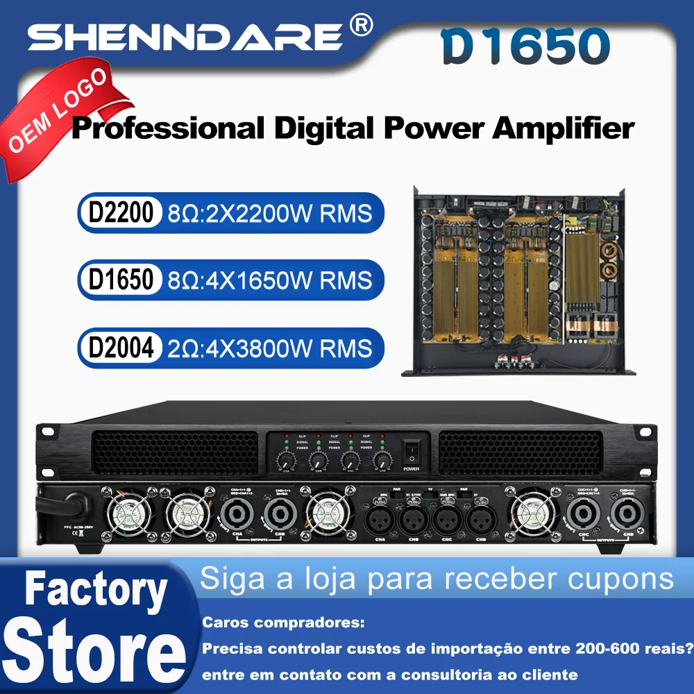 ShennDare D1650 Amplificador de potência digital profissional 4x1650w 8Ohm 4 canais DJ Subwoofer Pré-amplificador Line Array Speaker Amplificador de som 4x2800W 4OHM Stage Karaoke Amplificador de som