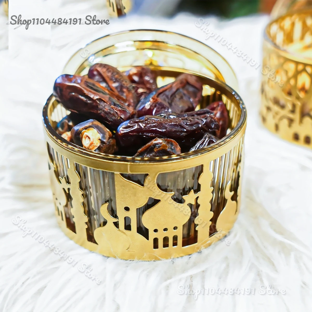 New Metal Decoration Jar Golden Tray Ramadan Light Luxury Snack Storage Box Cake Plate Home Retro Living Room Coffee Table Iftar