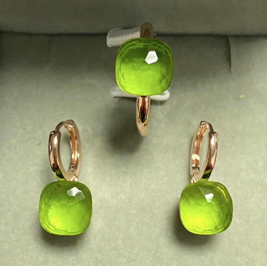 

Classic Jewelry Set For Women Square Blue Crystal Ring Earrings Set Rose Gold Plated Colorful Candy Bijoux Set