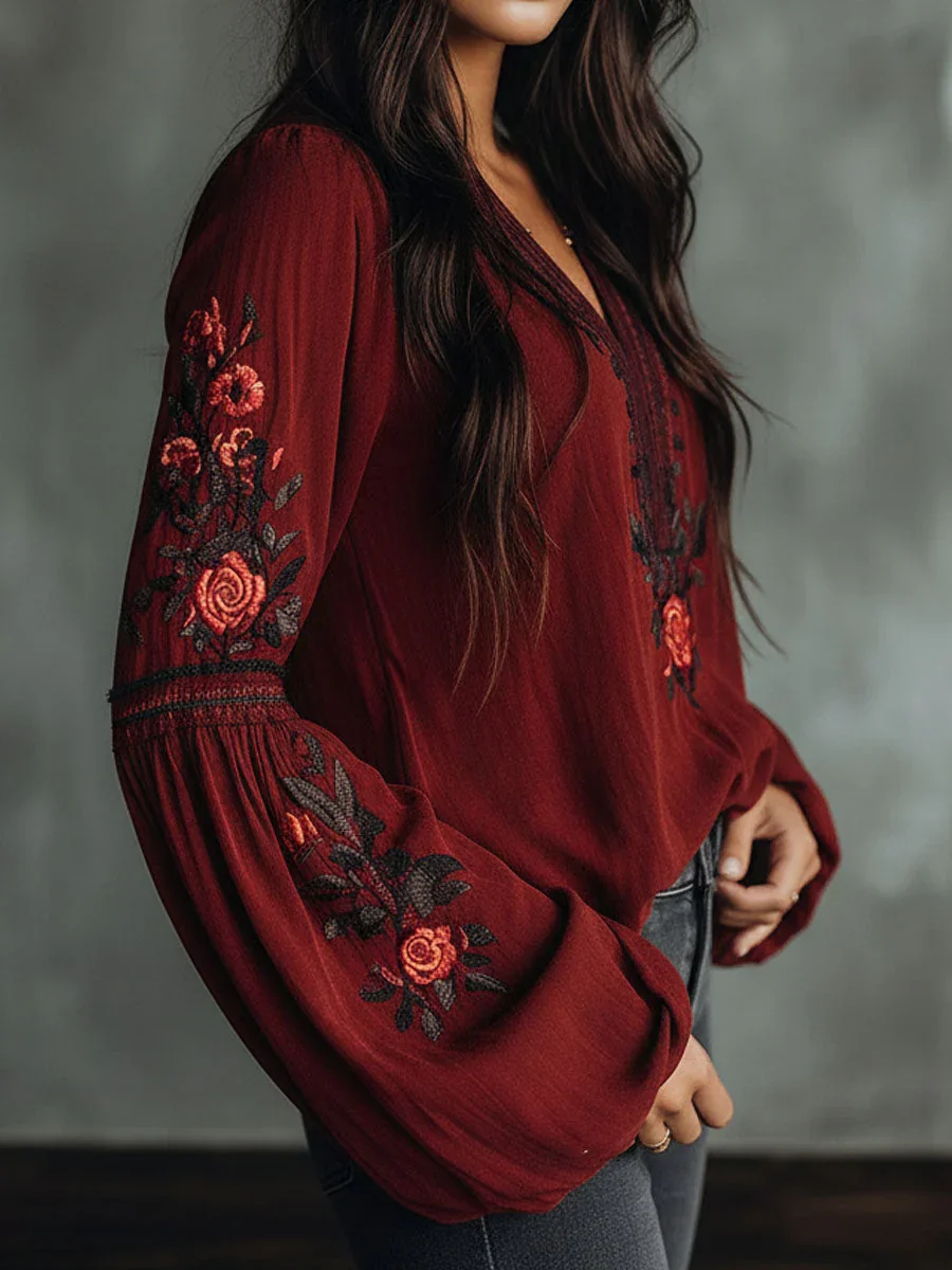 

Vintage Boho Blouse for Women V Neck Floral Embroidered Bell Sleeve Loose Fit Casual Ethnic Beach Vacation Retro Shirt Top