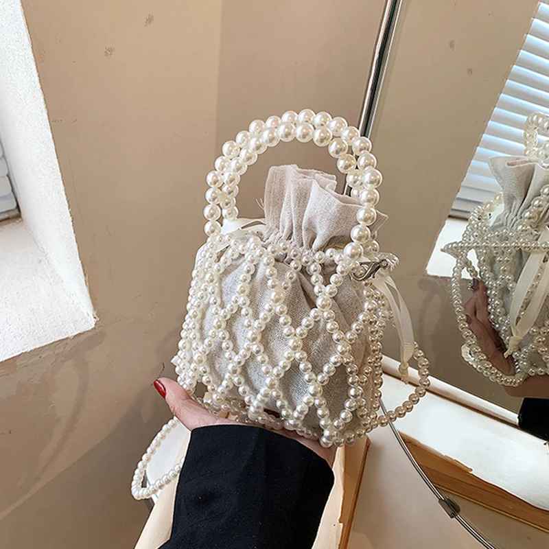 Luxury Pearl Women Bucket Tote Bag Woven Pearl Crossbody Bags for Women Small Wallet Handbag Casual Drawstring Female Coin Purse