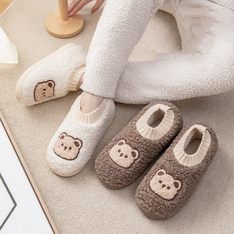 Plush Slippers Cartoon Bear Fur Slippers Winter Warmth Women Slippers Non Slip Household Shoes Indoor Couple Cotton Slippers