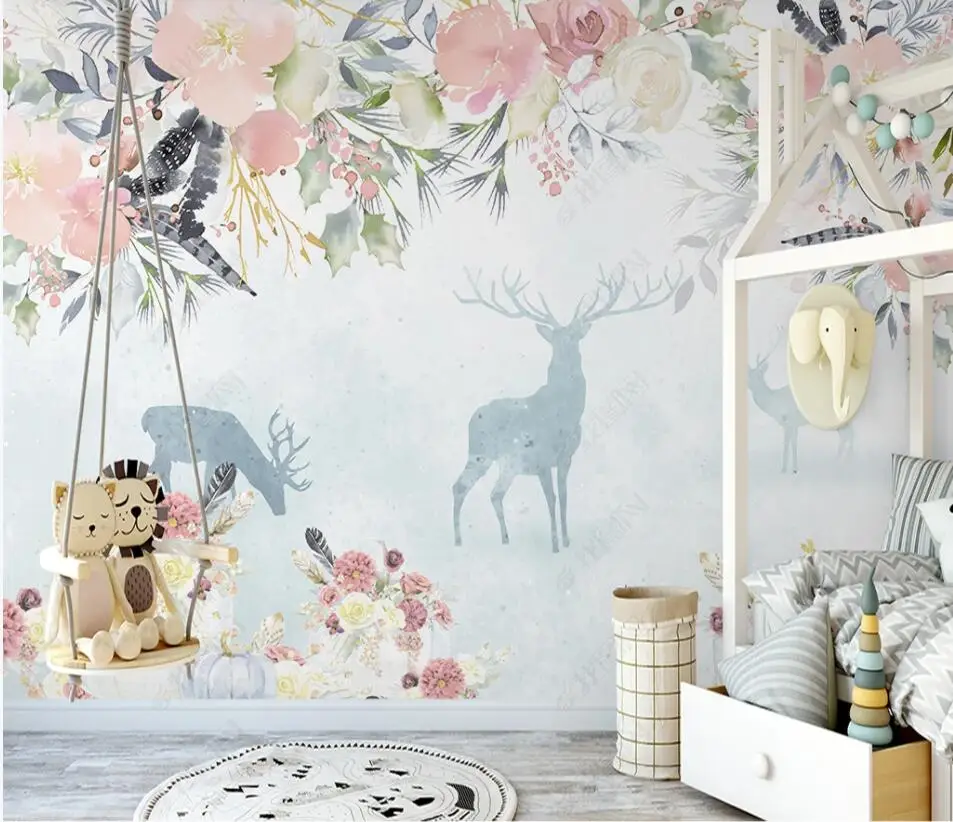 Custom children's wall 3d wallpaper Hand painted landscape Abstract watercolor tree fawn sofa TV background wallpaper