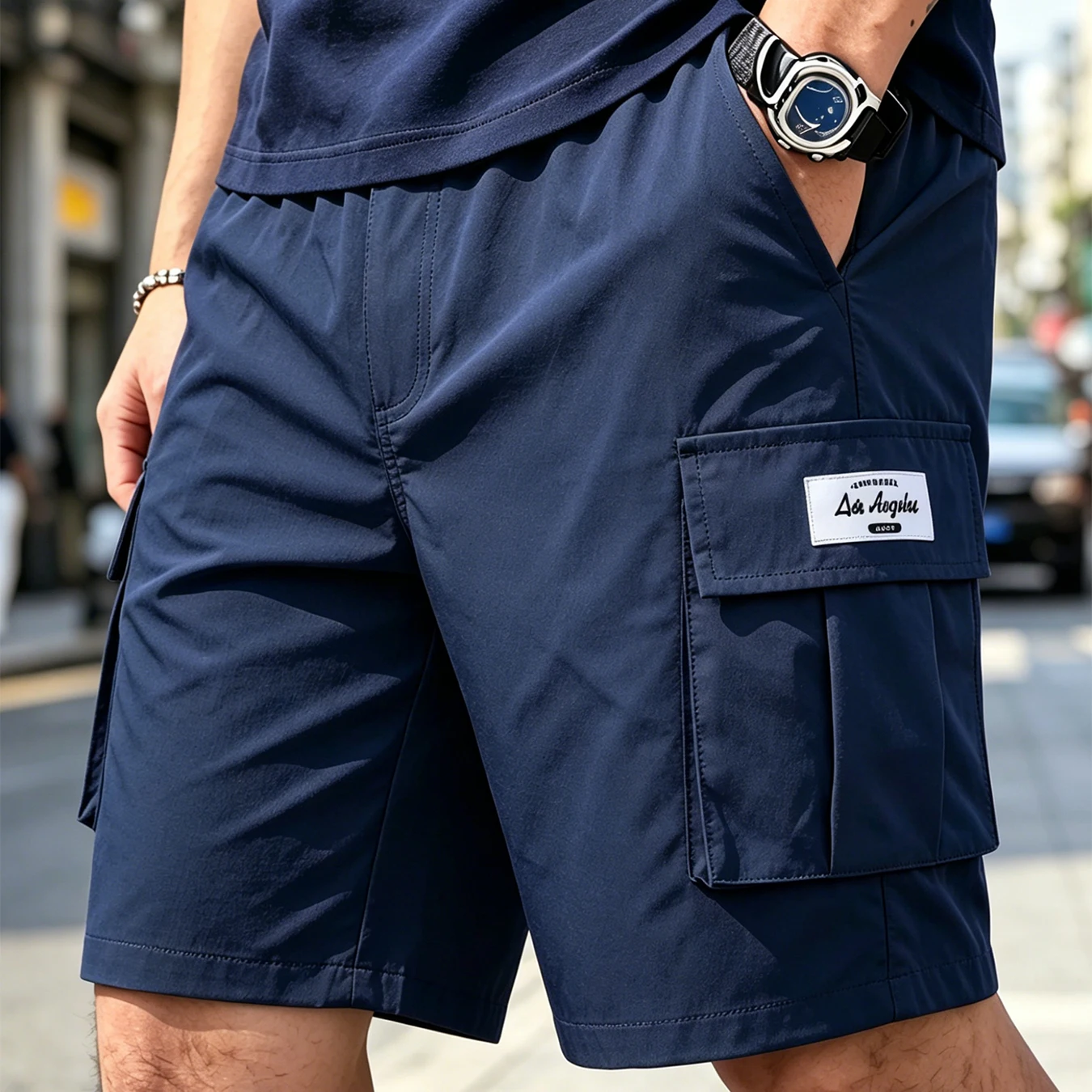 Summer Men Cargo Shorts Quick Dry Side Multi Pockets Small Woven Label Decor Loose Fit Outdoor Streetwear Casual Chino Shorts
