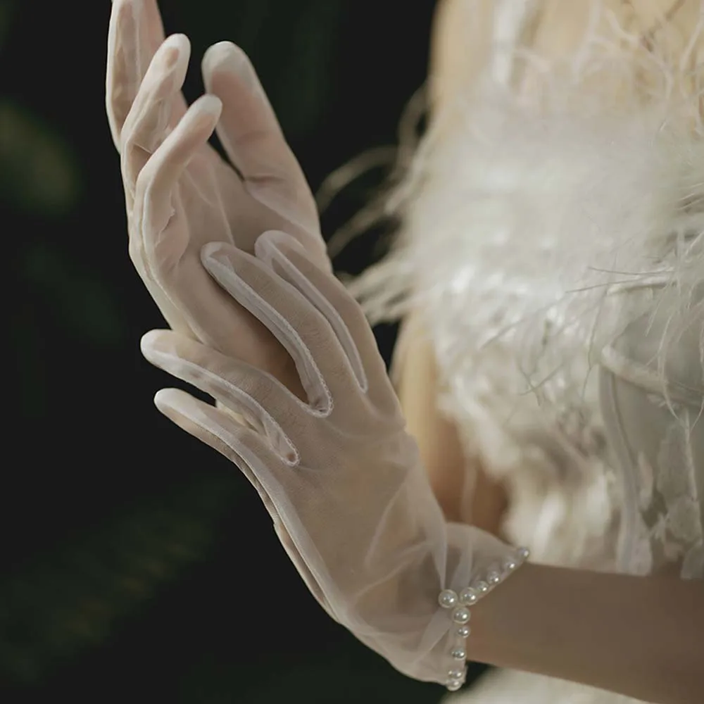 Guantes de boda cortos con lazo para mujer, mitones de tul, guantes de dedo de perla, encaje blanco, hecho a mano, Sexy