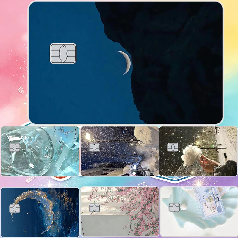 DIY Moon Snow Scene Cherry Blossom Ocean Pattern Credit Debit Visa Bank Card Stickers No Fade Small Large Chip Film Skin Cover