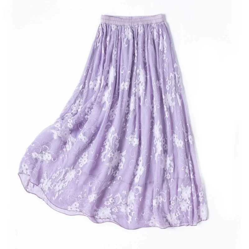 女性のロマンチックなエレガンス タロパープル 重い刺繍 天然桑絹 エラスティックウエスト Aライン 大きなスイング ダブルレイヤースカート