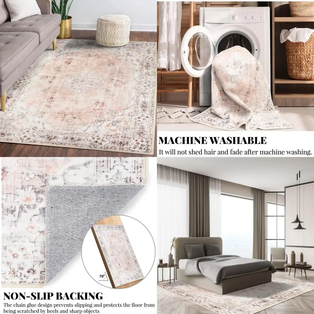 

MUJOO 5'x7' Area Rugs Pink Machine Washable Boho Rug for Bedroom,Living Room, Laundry Room Kitchen Non Slip Carpet Abstract Soft