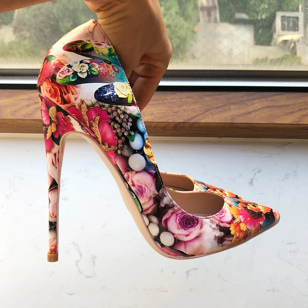 Tikicup Flower Embossed Printed Women Pointy High Heel Shoes for Floral Dress Elegant Ladies Comfortable Slip On Stiletto Pumps