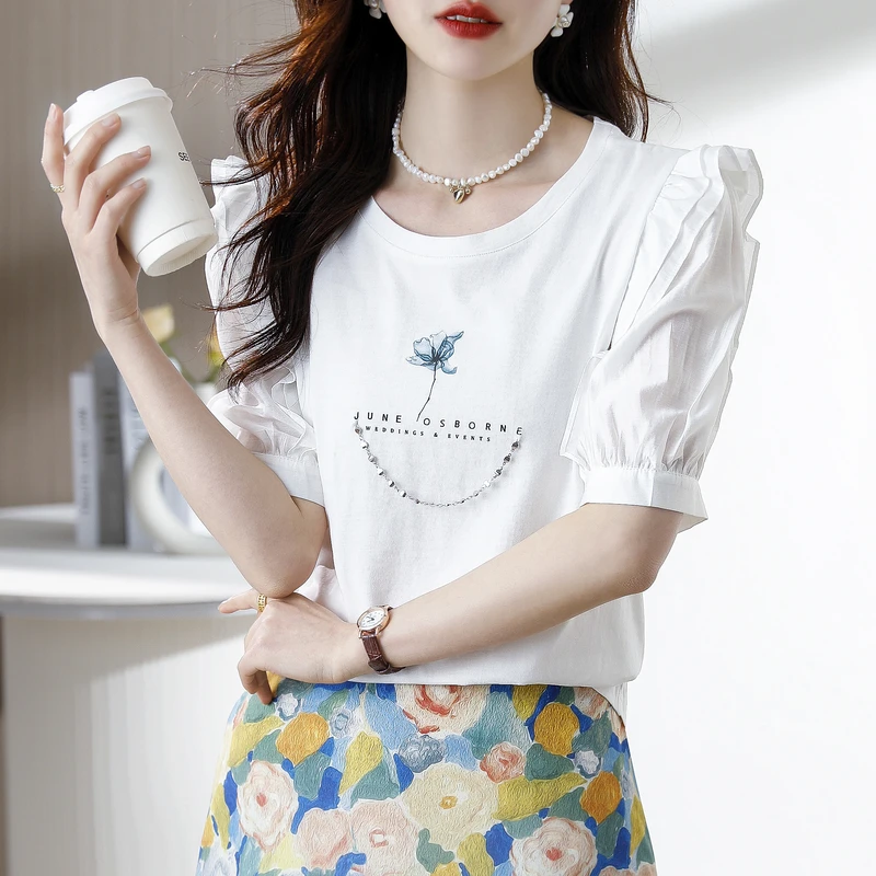 EVNISI Floral Printing White T-shirt Women O-Neck Casual Office Tops Puff Sleeve Knitted For Women Loose T-shirt Summe 2023