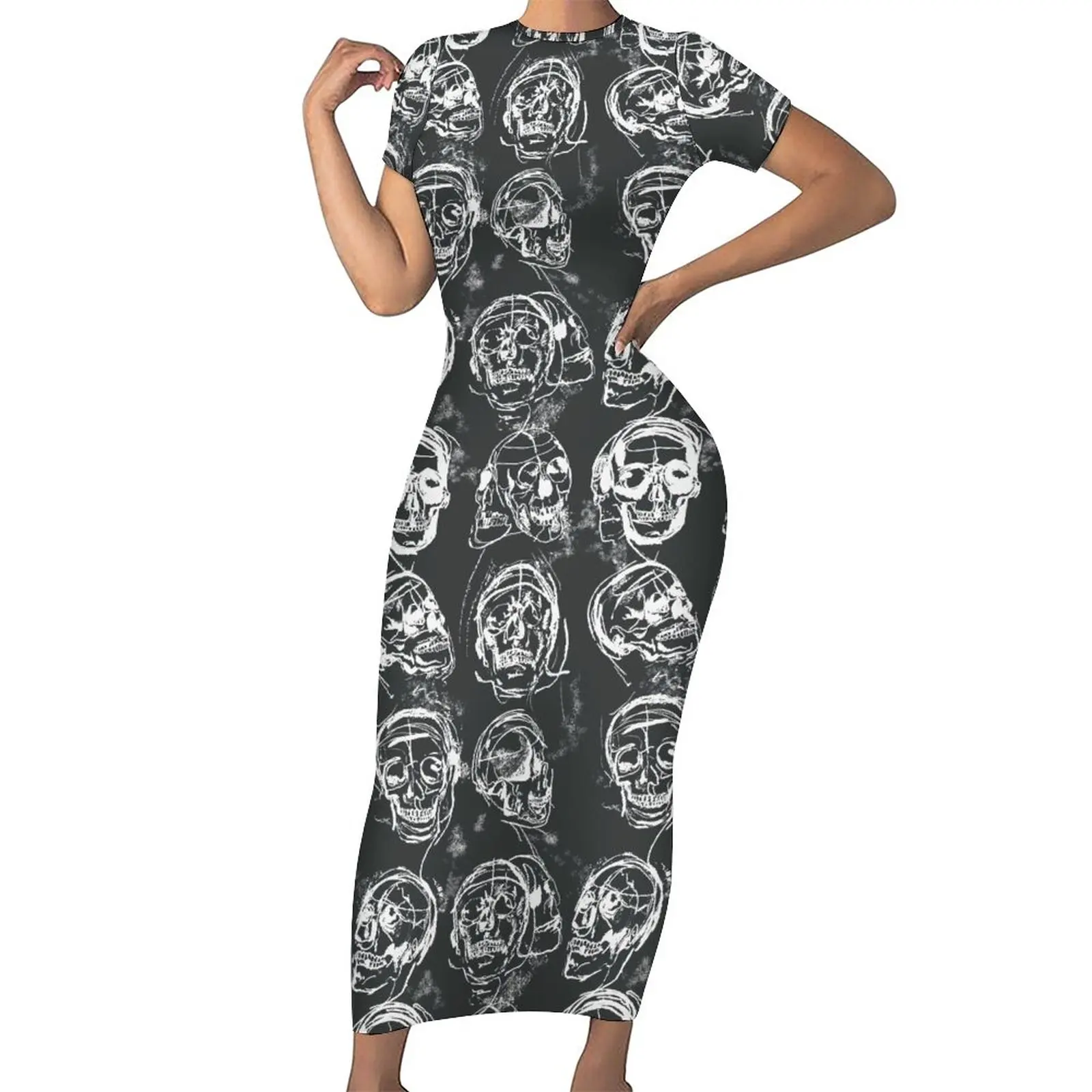 Types Of Skull Dress Short Sleeve Abstract Skulls Pop Art Cute Maxi Dresses Spring Aesthetic Printed Bodycon Dress Large Size