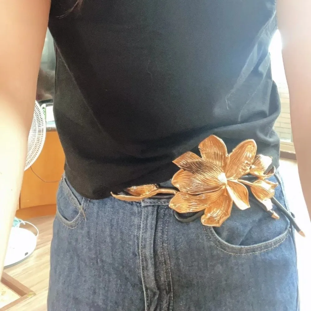 Long Adjustable Golden Tulip Belt Vintage Alloy Metal Flower Waist Chain PU Silver Exaggerated Belt Waist Seal