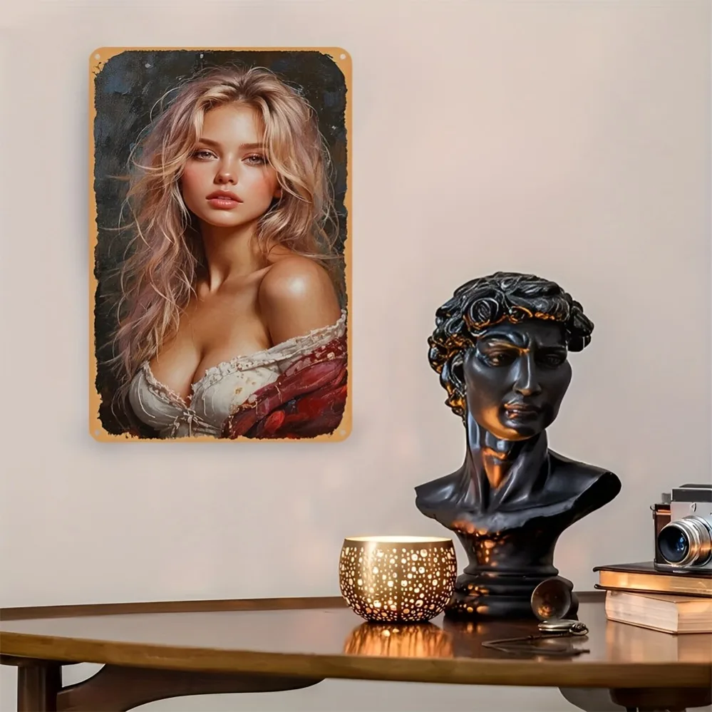 ديكور فني جداري عتيق من الألومنيوم - فستان أحمر مقاوم للماء والغبار، تصميم مسطح ثنائي الأبعاد، هدية مثالية للمنزل والمقهى وعيد الميلاد