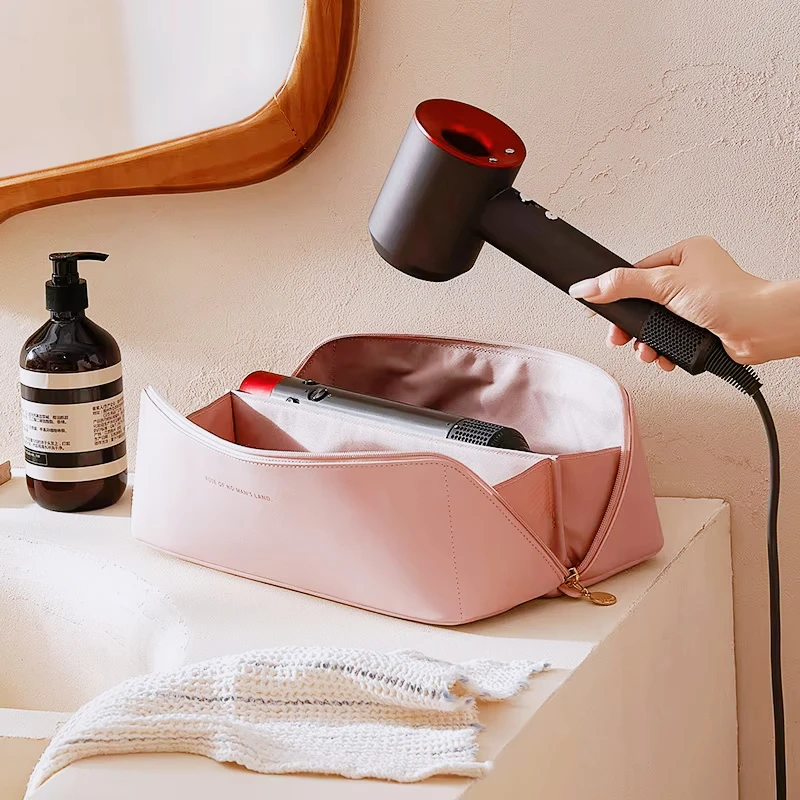 

Ins Hair Dryer Storage Bag Curling Iron Protective Case Rose Pink Storage Bag 180° Opening PU Leather Pink Pouch