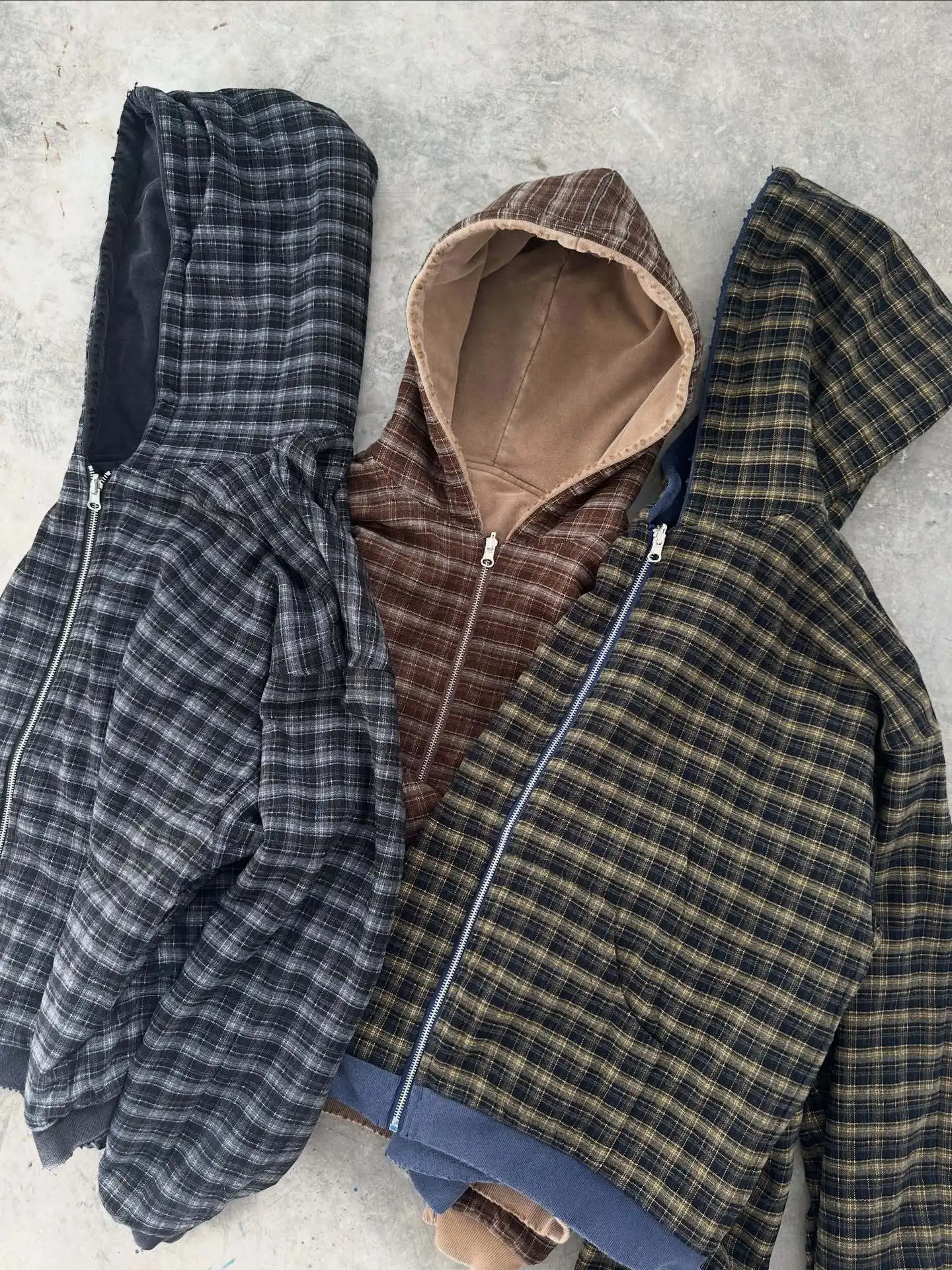 Vintage Karierter Gefütterter Zip-Up-Hoodie für Männer und Frauen, Marineblau, Baumwolle, Kapuzenjacke, Oversized Streetwear, Lässige Retro-Oberbekleidung – Detail 5