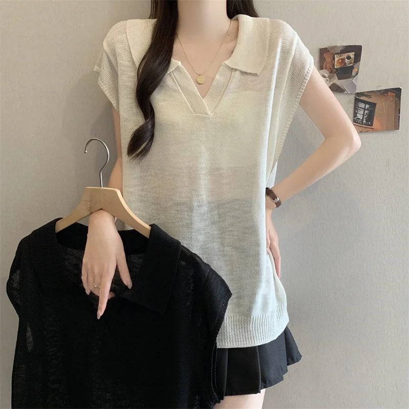 

plus Size Women's Slimming Short Sleeve Knitted Base Shirt Summer 2026 New Style Turn-down Collar Conceal Meat Top T-shirt