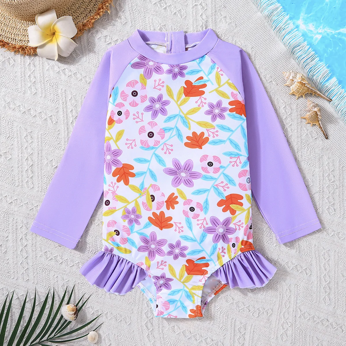 1pc Summer Baby Girls Purple Floral Long Sleeve One Piece Swimsuit, Ruffle Hem Zip Back Rash Guard, Sweet Beach Style, Pool/Beac