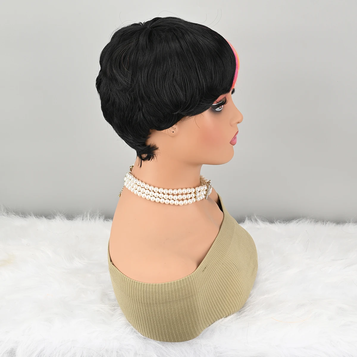 Peruca curta bob para preto amarelo e rosa pixie perucas sintéticas peruca sem cola nenhuma peruca frontal com franja natural preto reto completo
