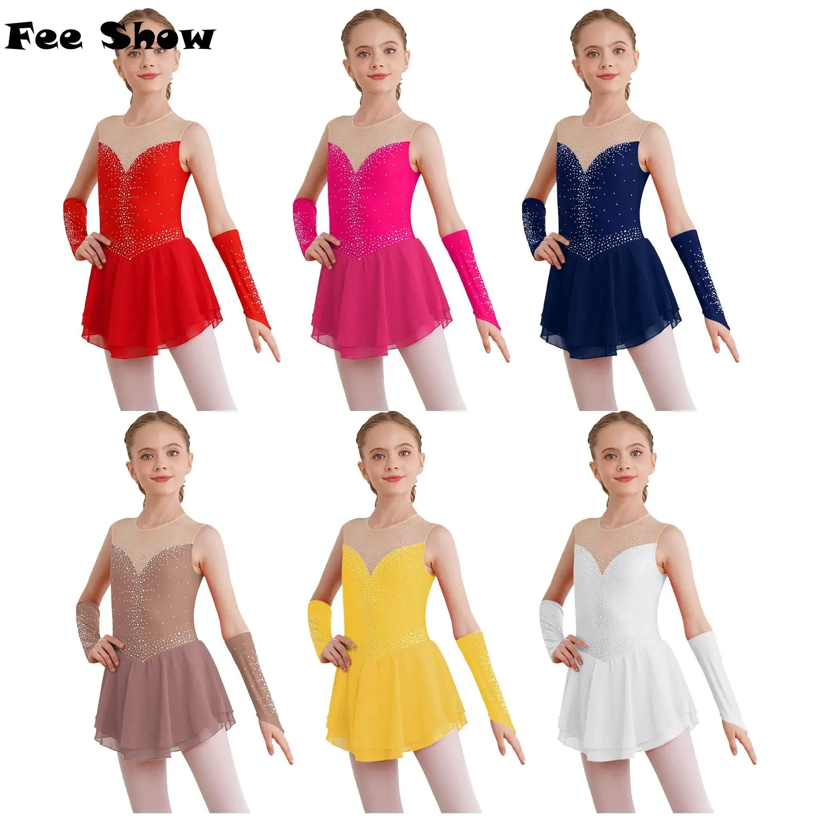 Kids Girls Figure Skating Stage Performance Outfit Glittering Rhinestone Keyhole Back Sleeveless Dance Dress with Gloves