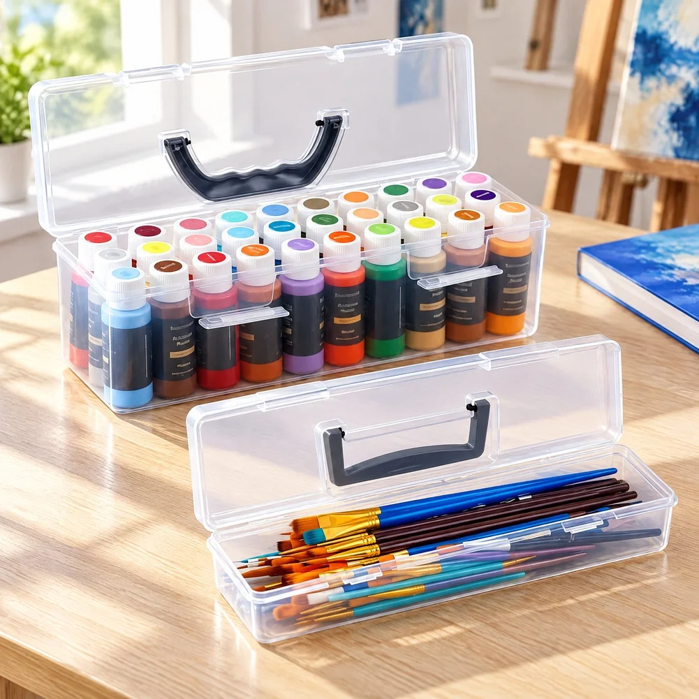 Artist Storage for System: Clear Box for 30 Bottles of For 2 fl oz + Brush Holder 14x4.13x4.7For 2 in Ergonomic Handle