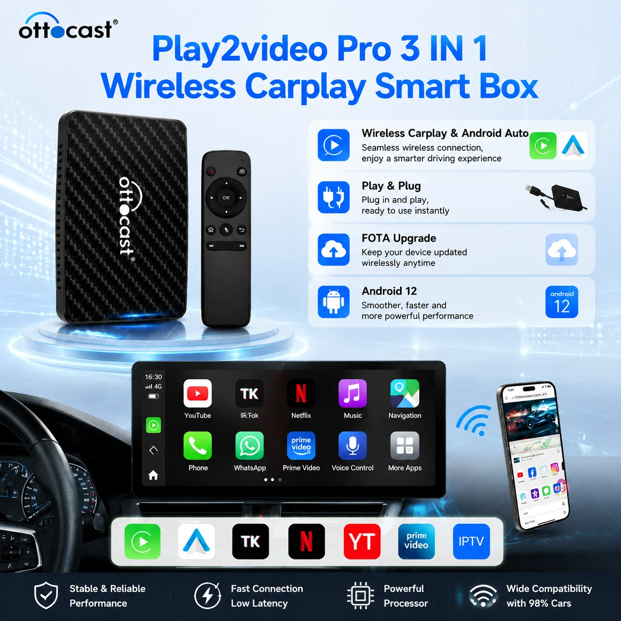 OTTOCAST Play2Video Pro Android AI Box CarPlay AI Box Android 12 FOTA-Upgrade mit integriertem YouTube Netflix IPTV Kabelgebunden zu Kabellos CarPlay Android Auto Autozubehör für 98% aller Fahrzeuge