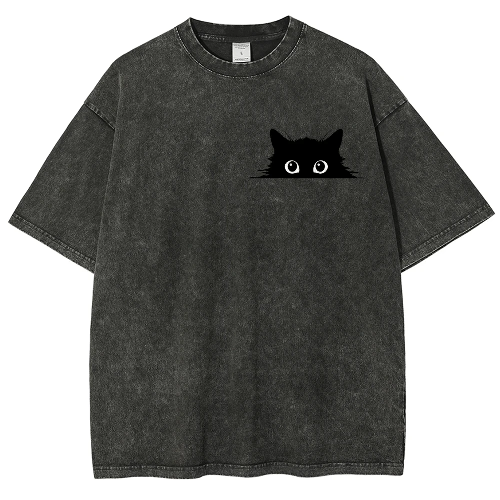 Tops Washed Shirt Customscool Cat Patterns Y2K Style Graphic Short Sleeve Washed Shirt Oversize Round Neck Unisex Fit T Shirt